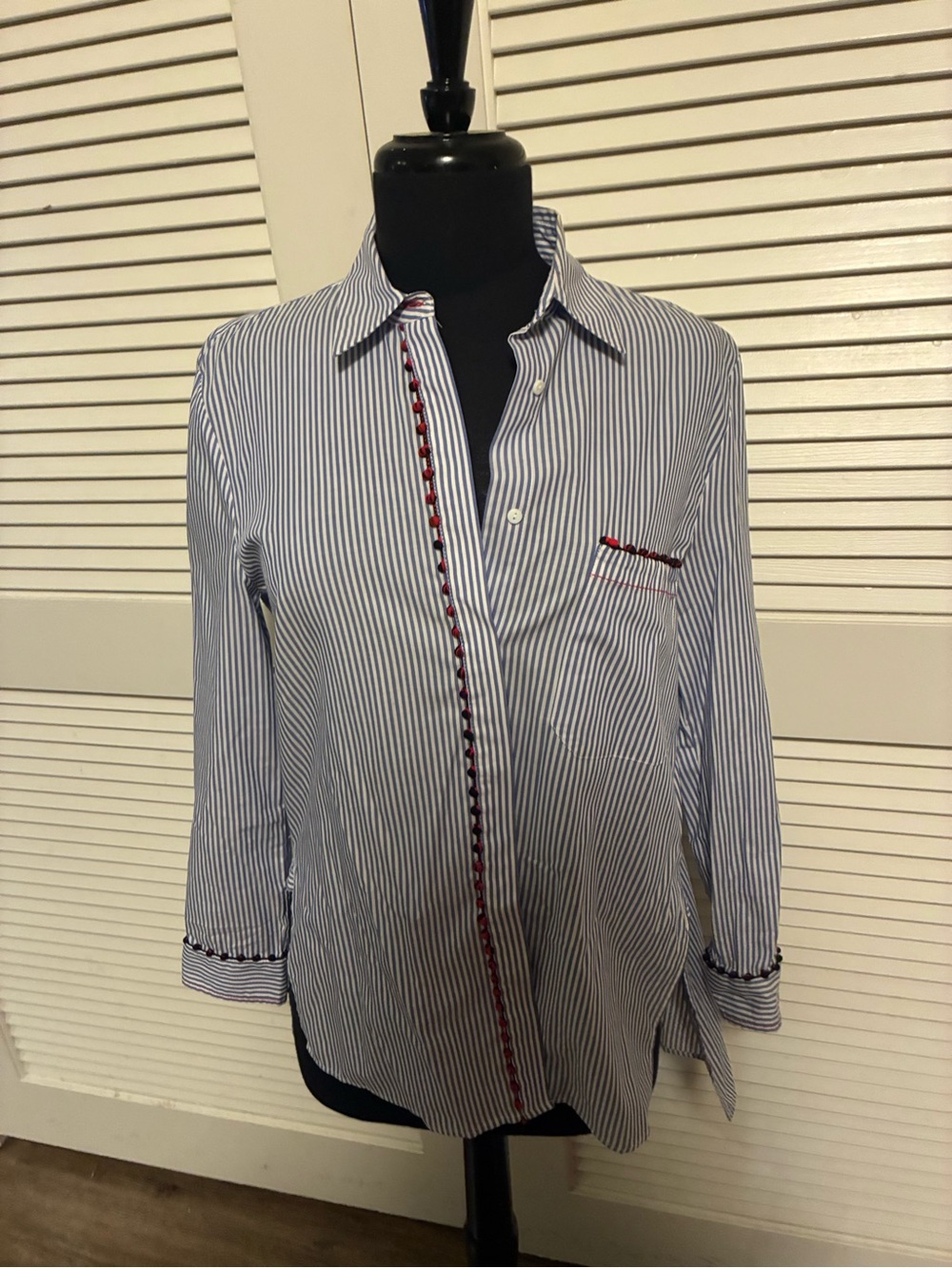 Zara Blue & White Striped Button-Down Shirt with Red Trim